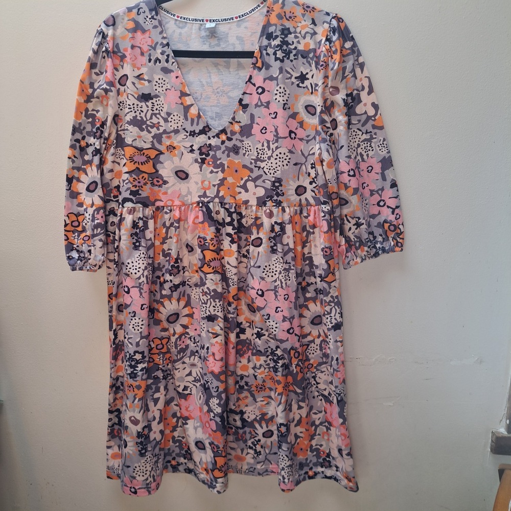 Exclusive Womens Floral Dress V Neck 3/4 Sleeve Multi-Color Size L
